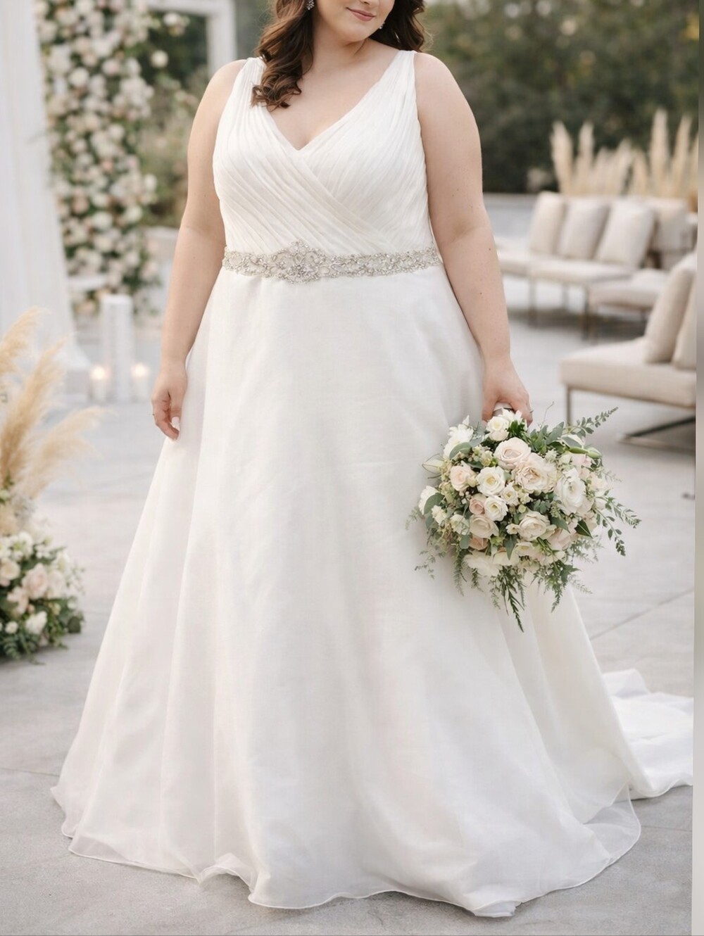 Morilee Ivory V Neck Organza Sleeveless Belted Wedding Dress size 24